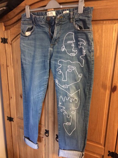 Done with white puffy paint Hand Painted Jeans, Puffy Paint, Painted Jeans, Sweatpants, Hand Painted, Paint, Pants, White, Trousers