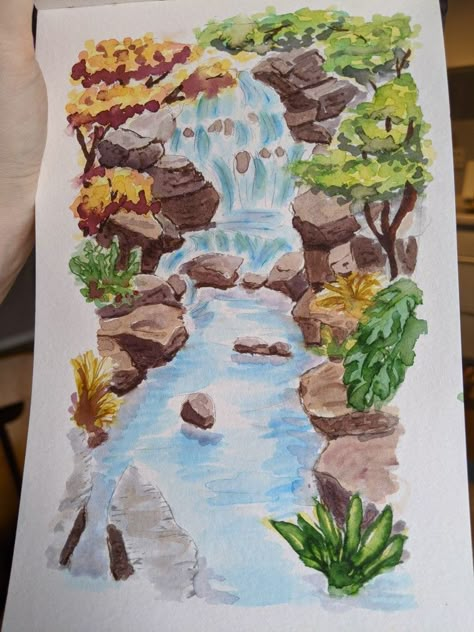 Water Fall Watercolor, Brush Pen Aesthetic Drawing, Felt Marker Art, Water Marker Drawing, Water Brush Pen Art Ideas, Things To Draw With Brush Pens, Brush Pen Painting Ideas, Brush Markers Drawings, Water Marker Art