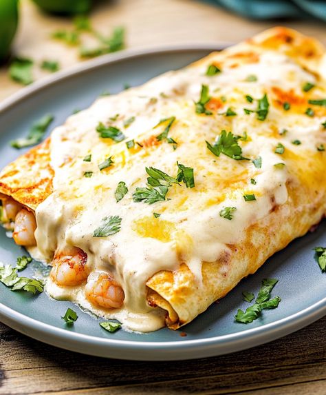 Creamy Shrimp Enchiladas Recipe, Crab Enchiladas With White Sauce, Seafood Enchiladas With White Sauce, Seafood Burrito Recipe, Shrimp Enchiladas With White Sauce, Crab Enchiladas Recipe, Crab Enchiladas, Creamy Shrimp Enchiladas, Shrimp Enchiladas Recipes