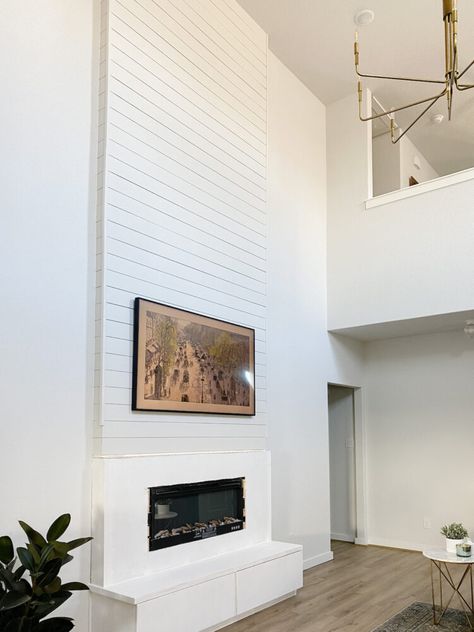 How to install a DIY two-story electric fireplace Two Story Tall Fireplace, Electric Fireplace Tall Wall, Tall Fireplace Wall High Ceilings Diy, Diy 2 Story Fireplace, Two Story Faux Fireplace, Electric Fireplace Ideas With Tv Tall Ceilings, Diy Fireplace High Ceiling, Faux Fireplace Tall Ceilings, Floor To Ceiling Electric Fireplace