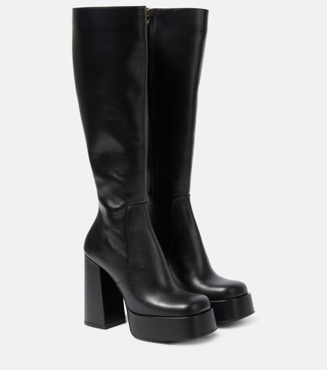 Aevitas Leather Platform Knee High Boots in Black - Versace | Mytheresa Versace Heels, Platform Knee High Boots, Leather High Heel Boots, Dr Shoes, Black High Boots, Versace Gold, Black Knee High Boots, Aesthetic Shoes, High Heel Boots Ankle