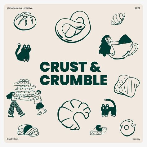 Brand illustrations for bakery “Crust&Crumble”. The illustrations will be an excellent addition to the company’s corporate identity. It can be used for packaging and printed media, design for social networks and merch. #illustration_art #brandillustration #designillustrations #brandidentitydesigner #artillustration #designstudios #designteam #branddesignstudio #marketingstudio #buisnessowner #studiodesign #artforbusiness #bakerydesign #bakeryillustration #highqualitydesign #dreamdesign #artd... Cute Bakery Illustration, Coffee Identity Design, Art Print Packaging, Bakery Packaging Ideas, Bakery Graphic Design, Bakery Merch, Bakery Logo Inspiration, Bakery Brand Identity, Bakery Identity