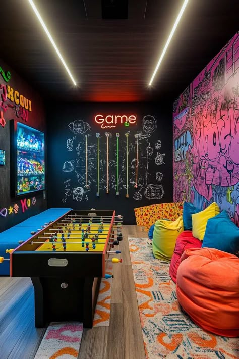 21 Adult Game Room Ideas That Work in Any Small Space - Home Made Graceful Adult Game Room Ideas, Queen Bed Rug Size, Bed Rug Size, Adult Game Room, Queen Bed Rug, Small Game Room Ideas, Kids Hangout Room, Hangout Room Ideas, Teen Game Rooms