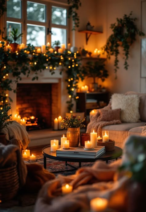 Cozy Lighting Living Room Candles Apartment Aesthetic, Flameless Candles Decorating Ideas Living Room, Cozy Candle Light Aesthetic, Cozy Birthday Decor, Candles In Room, Twinkle Lights Living Room, Candles In Living Room, Room Full Of Candles, Living Room Ambient Lighting