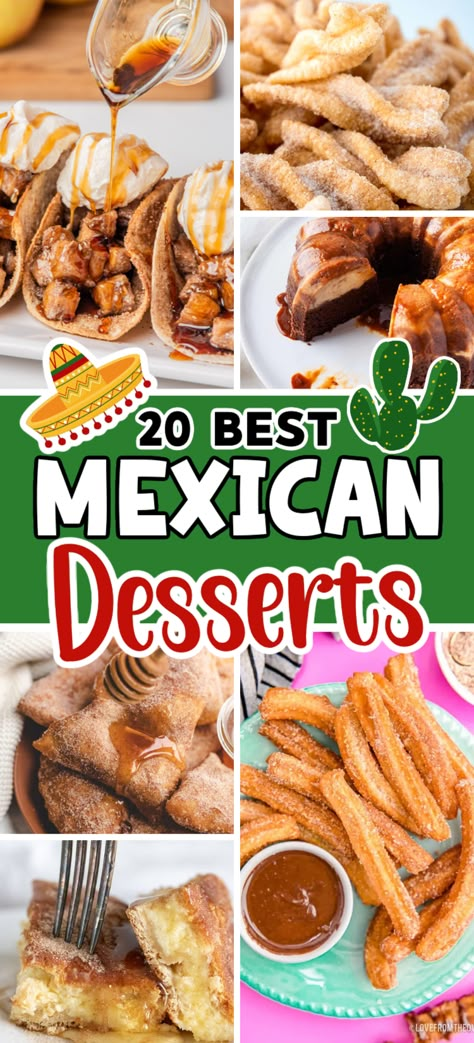 Easy Mexican Dessert Recipes – Treat yourself to 20 of Mexico’s most popular desserts, including the world-famous churros. From churros, to sweet empanadas, to sopapillas and more glorious Mexican desserts. Cinco de Mayo desserts | Mexican Night | Taco Tuesday | Summer Desserts | Cinco de Mayo Dessert Recipes | Mexican Dessert Healthy Mexican Dessert, Mexican Dessert Recipes Easy, Sweet Empanadas, Desserts Mexican, Churro Dessert, Traditional Mexican Desserts, Mexican Party Food, Mexican Sweets, Mexican Pastries