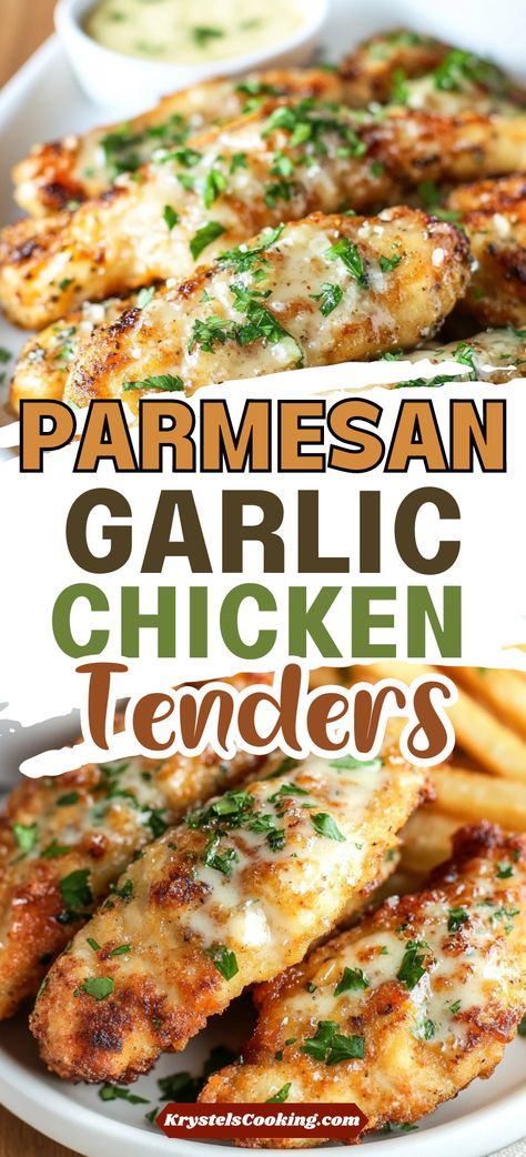 Baked Crispy Garlic Parmesan Chicken Tenders – These flavorful chicken tenders are perfect for quick dinner ideas! Using chicken breast, this recipe delivers crispy, golden bites that are easy to make and packed with savory garlic parmesan goodness. Buttery Garlic Parmesan Chicken, Garlic Parmesan Chicken Tenders Baked, Chicken Tender Lunch Ideas, Crispy Garlic Parmesan Chicken Tenders, Recipe For Chicken Tenders Oven Baked, Chicken Tender Ideas For Dinner, Chicken Tenders Parmesan Recipe, Healthy Breaded Chicken Tenders, Garlic Parmesan Tenders