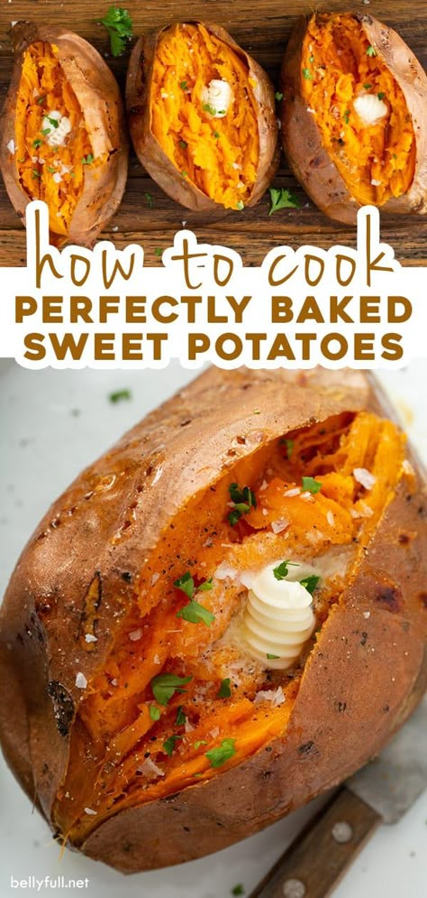 Easily achieve perfectly baked sweet potatoes with a crispy skin and fluffy inside. With just a little bit of butter, salt, and pepper, oven baked sweet potatoes are a fantastic side dish to accompany so many meals. Perfect Baked Sweet Potato, Sweet Potato Recipes Baked, Baked Sweet Potatoes, Cooking Sweet Potatoes, Potato Side Dishes, Baked Sweet Potato, Potato Dishes, Sweet Potato Recipes, Veggie Dishes