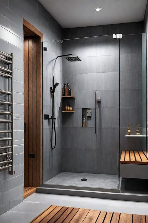 Elevate your bathroom with 10 inspiring shower design ideas that strike the perfect balance between style and practicality. From modern fixtures to low-maintenance materials, discover how to create a luxurious yet functional space. Modern Shower Room Ideas, Towel Rack In Shower Ideas, Modern Shower Room Design, Modern Showers Walk In, Stand In Shower Ideas, Bathroom With Stand Up Shower Only, Shower Next To Vanity, Men’s Bathroom Ideas, Standup Shower Ideas