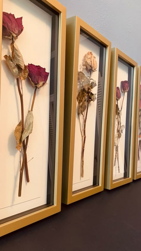 Roses Diy Crafts, Dried Flowers On Frame, Dry Flower Display Ideas, Dry Flowers Frame Wall Art, Dry Roses Decoration, Display Dried Roses, Dried Roses In Frame, Ways To Preserve Roses, Dried Rose Petal Art