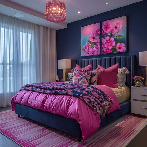 Bold Pink and Navy Bedroom Interior Color Combination for a Stylish Space • 333+ Inspiring Lifestyle Ideas Hot Pink Bedding Room Ideas, Teal Velvet Bedroom Ideas, Navy Orange Pink Bedroom, Gray And Hot Pink Bedroom, Teal And Magenta Bedroom, Pink Primary Bedroom, Navy Blue And Hot Pink Bedroom, Stylish Bedroom Design Interiors, Pink Romantic Bedroom