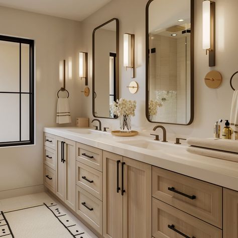 Master Bath Design Ideas Modern, His And Her Bathroom Vanity Ideas, California Master Bath, Master Bath Gold Hardware, Mid Century Farmhouse Bathroom, Modest Master Bath, Jack And Jill Vanity Ideas, Beige Bathroom With Black Fixtures, Modern Master Bath Ideas