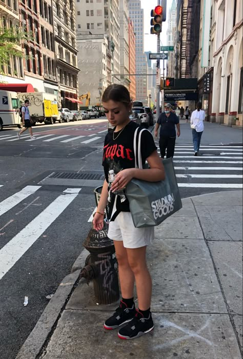 bred 4s, tupac shirt, black and red outfits, streetwear, jordan 4s, jordan fits, new york, soho, staidum goods, sweatshorts What The 4s Outfit, Bred 4 Outfit, Bred 4s Outfit, Bred 4 Outfits, Retro 4 Outfits, Outfit With Jordan 4, Black Jordans Outfit, 4s Outfit Women, Jordan Retro 4 Outfits