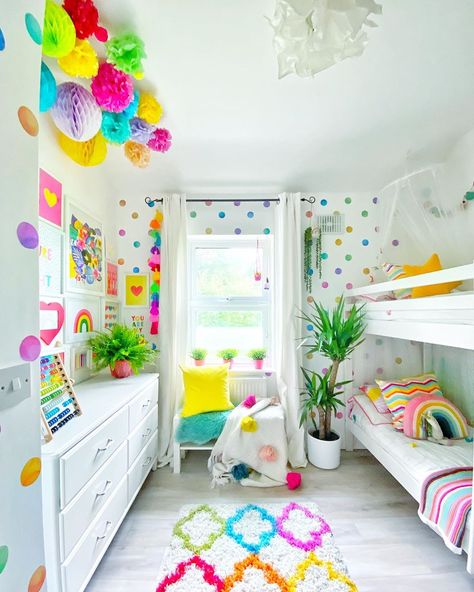 Gill on Instagram: “Same room... different angle!!! . . #girlsroom #kidsroom #kidsroomdecor #rainbowroom #pompoms #wallpaper #paintawall #eclectickidsroom…” Bright Boho Bedroom, Colorful Girls Bedroom, Rainbow Themed Bedroom, Rainbow Kids Room Decor, Girls Rainbow Bedroom, Eclectic Kids Room, Star Room, Girls Room Colors, Kid Bedrooms