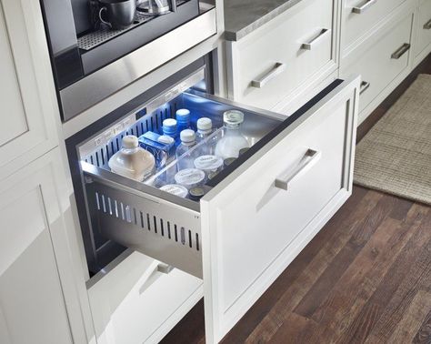 True Refrigerator Drawers with Coffee Station Undercounter Refrigerator Drawers, Modern Refrigerator, Elegant Laundry Room, Refrigerator Ideas, Cabinet Refrigerator, Coffee Station Kitchen, Fridge Drawers, Undercounter Refrigerator, Under Counter Fridge