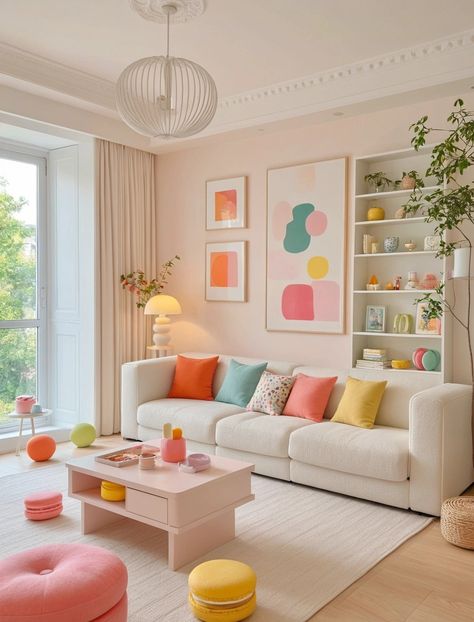 Pastel Theme Living Room, Pastel Sofa Living Rooms, Pastel Mid Century Modern Bedroom, Soft Pastel Interior Design, White Couch Living Room Decor Colorful, Home Decor Pastel Colors, Pastel Purple Living Room, Pastel Decor Living Room, Interior Pastel Colors