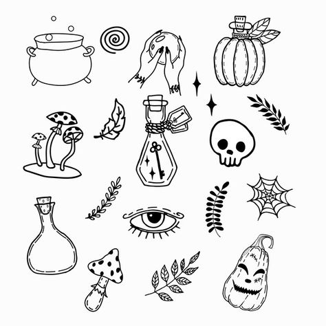 Set of halloween themed doodles | Premium Vector #Freepik #vector #halloween-coloring-pages #alchemist #halloween-party #occult Witchy Doodles Simple, Witchy Drawings Simple, Witchy Doodles, Themed Doodles, Doodles Simple, Creating A Bullet Journal, Cute Paintings, Magic Art, Halloween Coloring