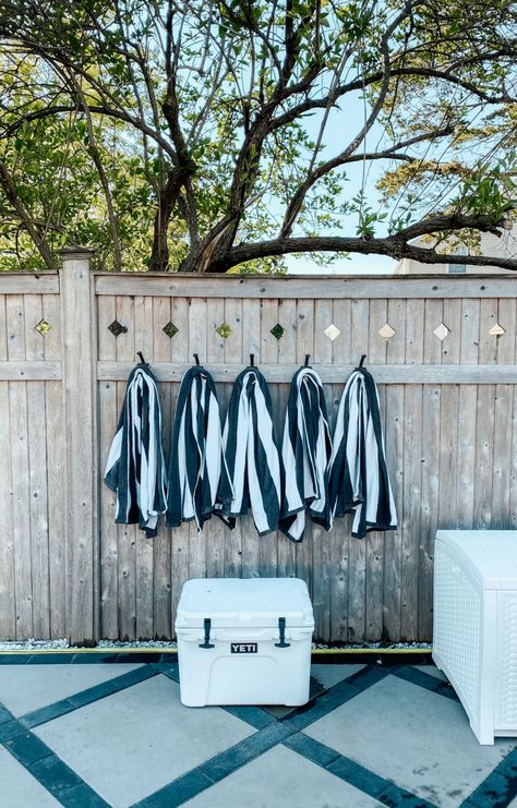 Friday Favorites- Outdoor Edition - Nesting With Grace Pool Bathroom Storage, Backyard Pool Furniture Ideas, Outdoor Pool Furniture Ideas, Pool Deck Furniture Ideas, Outdoor Towel Hooks, Pool Area Decorating Ideas, Pool Furniture Ideas, Pool Towel Hooks, Pool Towel Storage