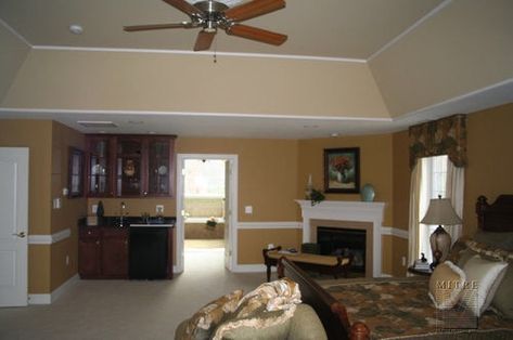 Bedroom Tray Ceiling Paint Ideas, Angled Tray Ceiling, Coffee Bar In Bedroom, Painted Tray Ceilings, Bar In Bedroom, Tray Ceiling Paint Ideas, Tray Ceiling Paint, Bedroom Coffee Station, Primary Bedroom Closet