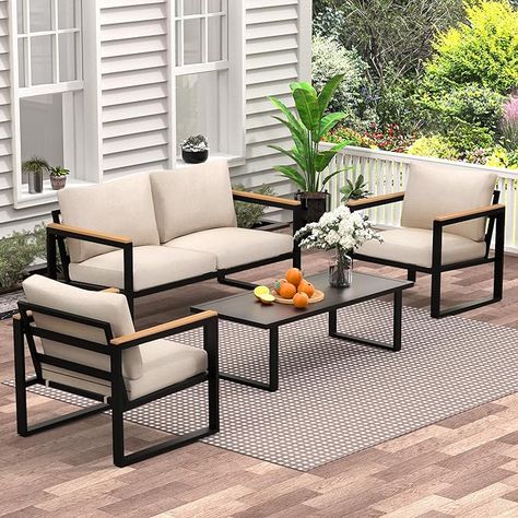 Sturdy and Durable Frame：The metal patio furniture set features quality sturdy powder-coated iron frame, abrasion-resistant, no deformation and corrosion. Built with high load-bearing capacity, the loveseat is rated to hold 660lbs, a single sofa can hold 330lbs. There is also a coffee table, the frame and legs are solidly built for the ultimate in durability. Added adjustable feet enhance its stability and keep your floor from scratching. You can expect to use this patio set for years to come. Patio Conversation Sets, Outdoor Furniture Decor, Coffee Table Set, Garden Furniture Sets, Patio Sofa, Color Champagne, Conversation Set Patio, Coffee Table Setting, Garden Patio Furniture