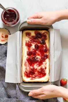 Small Batch Strawberry Swirl Cheesecake Bars In A Loaf Pan Loaf Pan Cheesecake, Small Batch Cheesecake, Cheesecake Loaf, Pan Cheesecake, Small Cheesecakes, Strawberry Swirl Cheesecake, Small Batch Desserts, Strawberry Cheesecake Bars, Small Batch Cooking