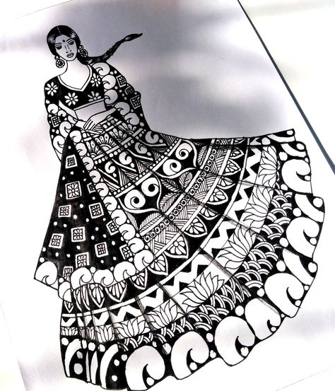 Girl in lehenga mandala art Mandala Lehenga Drawing, Mandala Dress Design, Mandala Art Dress Design, Traditional Mandala Art, Lehenga Drawing Sketches, Mandala Art Dress, Bridal Lehenga Illustration, Mandala Bride, Bride In Lehenga