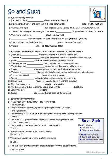 SO AND SUCH PRACTICE worksheet - Free ESL printable worksheets made by teachers | Basic french words, Grammar worksheets, Printable worksheets English Grammar Notes, Esl English, English Adjectives, Basic French, Basic French Words, English Teaching Materials, Basic Grammar, English Exercises, Teaching English Grammar