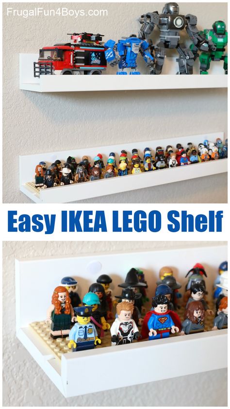 Easy LEGO Display Shelves - Frugal Fun For Boys and Girls Lego Wall Display, Lego Shelf Display, Lego Display Shelves, Lego Area, Lego Displays, Picture Ledge Shelves, Lego Shelves, Lego Shelf, Ikea Picture Ledge