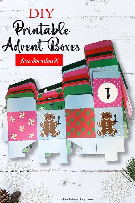 These colorful Advent box templates were perfect for the little gifts I have planned for this Christmas! So easy to assemble. Advent Boxes, Advent Calendar House, Arrow Designs, Advent Calendar Boxes, Advent Box, Printable Advent Calendar, Box Templates, Printable Box, Advent Calendars For Kids