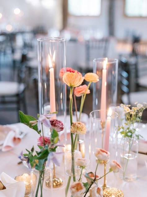 Whimsical Garden-Inspired Wedding with a Blooming Seating Chart Round Table Centerpieces Wedding, Taper Candle Centerpiece, Draw A Candle, Terrain Wedding, Pink Taper Candles, Bud Vases Wedding, Taper Candles Wedding, Colored Taper Candles, Bud Vase Centerpiece