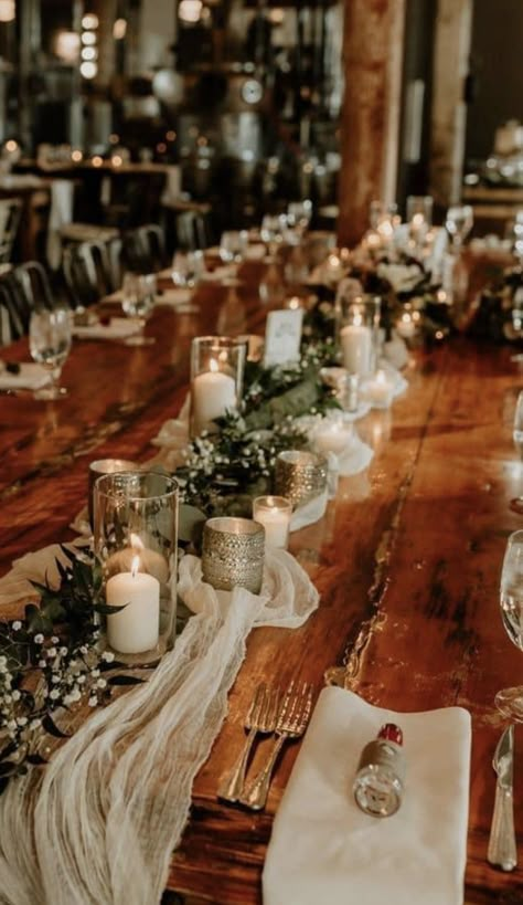 Wedding Wood Table Decorations, Wedding Table Boho Decor, Wedding Centre Piece Ideas Long Tables, Silverware Wedding Ideas, Rustic Wedding Candles, Wooden Table Decor Wedding, Long Wood Table Centerpieces, Rustic Charm Wedding, Rustic Boho Wedding Decor Table Settings