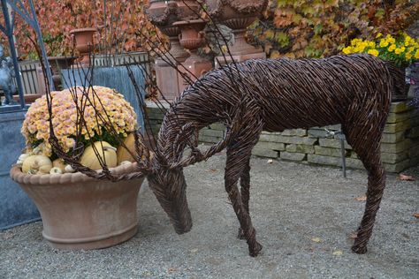 grapevine deer and stone container with white mum and white pumpkins...Debra Silver Fall Container Gardening, I Am The True Vine, Unusual Garden Ornaments, Willow Sculptures, Detroit Garden Works, Willow Sculpture, Willow Art, Red Twig Dogwood, Deborah Silver