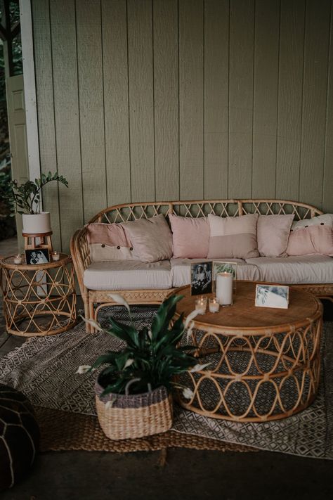 Boho Wicker Couch, Living Room Cane Furniture, Trailer Updates, Wedding Lounge Seating, Porch Goals, Rattan Couch, Plant Space, Paliku Gardens, Indian Living Room Design