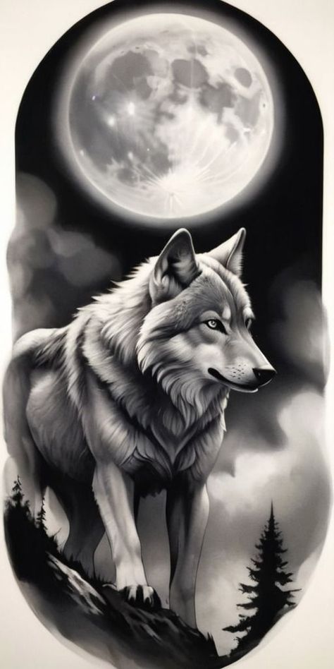 Wolf Full Moon Tattoo, Wolf Design Tattoo, Realistic Wolf Tattoo Design, Moon Wolf Tattoo, Moon Tattoo Design, Lup Singuratic, Cute Tattoo Ideas, Wolf Forest, Wolf And Moon