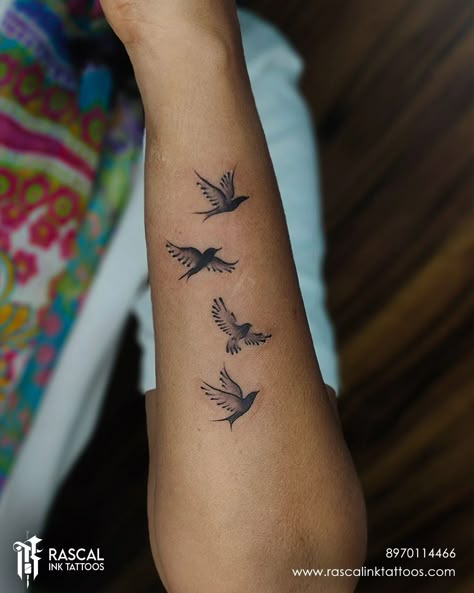 bird tattoo design • Instagram 4 Bird Tattoo, Sparrow Tattoo Forearm, Multiple Bird Tattoo, Wrist Bird Tattoos For Women, Four Birds Tattoo, Bird Tattoos For Women Arm, Bird Tattoo On Arm, Bird Forearm Tattoo, Bird Tattoo On Wrist