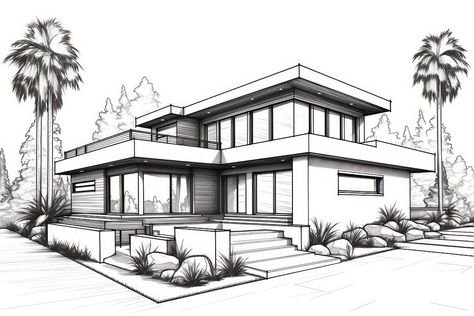 Modern House sketch house architecture. | premium image by rawpixel.com / Chalr House Architecture Design Sketch, Sketch House Architecture, Building Sketches Architecture, Building Drawing Architecture Sketches, Plates Architecture, Villa Sketch, Modern House Drawing, House Drawing Sketches, Modern House Sketch