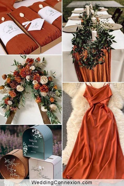 Burnt Orange Beach Wedding, Burnt Orange And Olive Green Wedding, Orange Aesthetic Wedding, Burnt Orange And Sage Green Wedding, Burn Orange Wedding, Boho Burnt Orange Wedding, Orange Color Wedding, Burnt Orange Weddings Decorations, Orange Theme Wedding