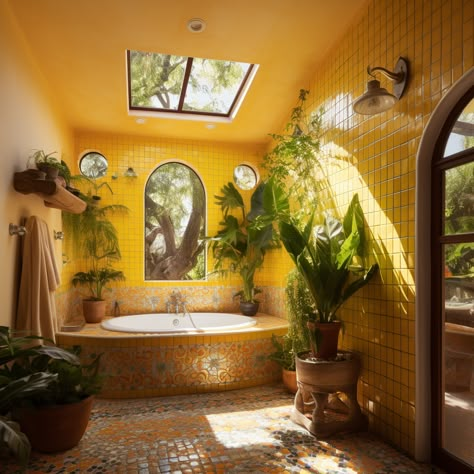 Earthy Mexican Home, Metaterrainian House, Earthy 70s Home, Odd House Decor, New Mexico Aesthetic Home, Desert Sunroom, Whimsical Bathroom Ideas, Warm Tone Bathroom, Artsy Home Decor