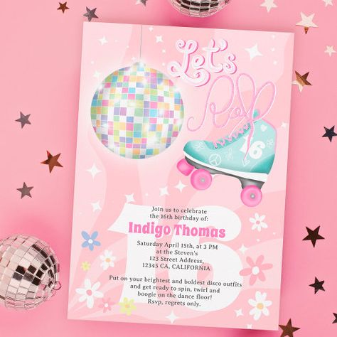 Groovy Retro Disco Floral Roller Skate Sweet 16 Invitation #zazzle #weddinginvitations #birthdayinvitations #babyshowerinvitations #zazzleinvitations #monogram #businesscards #graduation #homedecor Skating Disco Party, Roller Rink Party Ideas, Barbie Skate Party, Disco Skate Party, Roller Disco Party, Skate Illustration, Pink Birthday Invitations, Disco Roller Skating, Sixteen Birthday Party Ideas