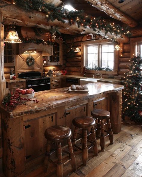 Cozy Cabin Kitchen, Cozy Cabin Aesthetic, Kitchen Christmas Decorations, Winter House Exterior, Cabin Aesthetic, Cabin Kitchen, Dream Life House, Kitchen Christmas, Chic Holiday