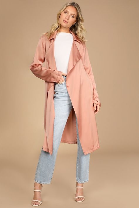 Blush Trench Coat, Orange Satin Dress, Satin Trench Coat, Satin Duster, Duster Coats, Pink Trench Coat, Orange Coat, Fashion On A Budget, Orange Satin