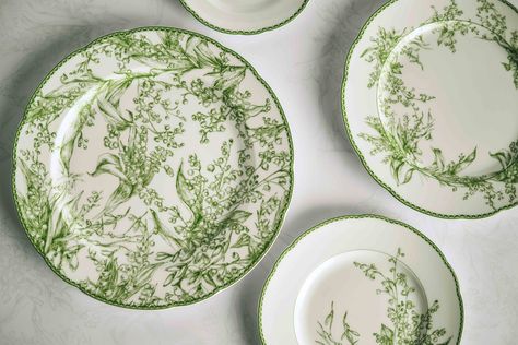 Decorative Plate Green New Lily of the Valley | DIOR Kitchen Plates Set, Kitchen Plate, Porcelain Dinnerware, Ceramic Kitchen, Dream House Decor, Fashion Shows, Lily Of The Valley, Green Flowers, Dinner Plate