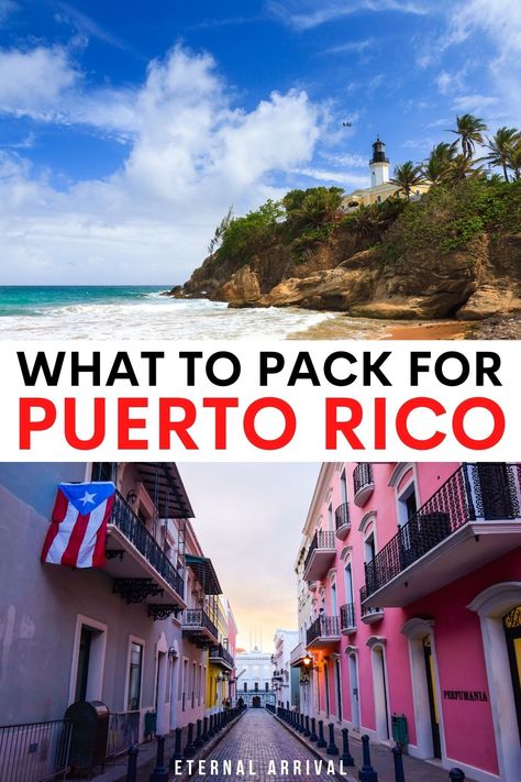 photo of a puerto rican beach on top, bottom photo of the streets of san juan with a puerto rican flag at sunset. text reads 'what to pack for puerto rico' Outfit For Puerto Rico Vacation, Airport Outfit To Puerto Rico, Outfits To Wear To Puerto Rico, Puerto Rico Trip Packing List, What To Wear In Puerto Rico In April, What To Pack For Puerto Rico Vacation, Puerto Rico Travel Checklist, Puerto Rico In March, Outfits For San Juan Puerto Rico