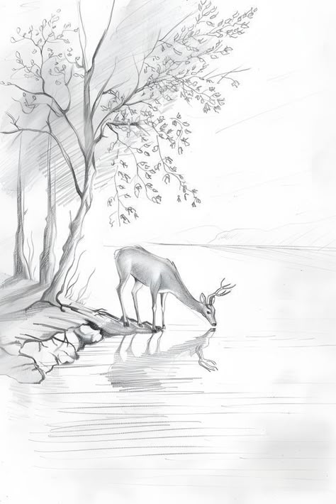 Pencil Art Drawings Sketches Simple Nature, Landscape Sketch Nature, Nature Sketches Pencil, Waterfall Drawing, Pencil Sketches Landscape, Forest Sketch, Sketch Animals, Landscape Sketches, Landscape Pencil Drawings