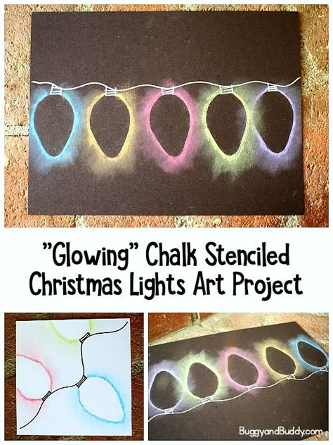 "Glowing" Chalk Stenciled Christmas Lights Art Project for Kids- fun and easy holiday craft for children! #buggyandbuddy #christmasart #artforkids #craftsforkids #kidscrafts #artprojectsforkids #holidaycrafts #christmas Christmas Lights Art, Chalk Stencils, Craft For Children, Fun Diy Craft Projects, Easy Holidays Crafts, Christmas Art Projects, December Crafts, Easy Art Projects, Holiday Crafts For Kids