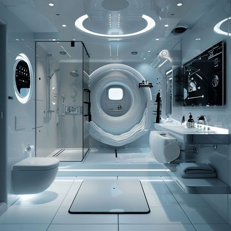 Futuristic Bathroom Design Goals! Futuristic Bathroom Design, Designing A Bathroom, Futuristic Bathroom, Round Bathtub, Modern Bathroom Ideas, Heated Towel Rack, Mid Century Minimalist, Contemporary Bathroom Designs, Spa Inspiration