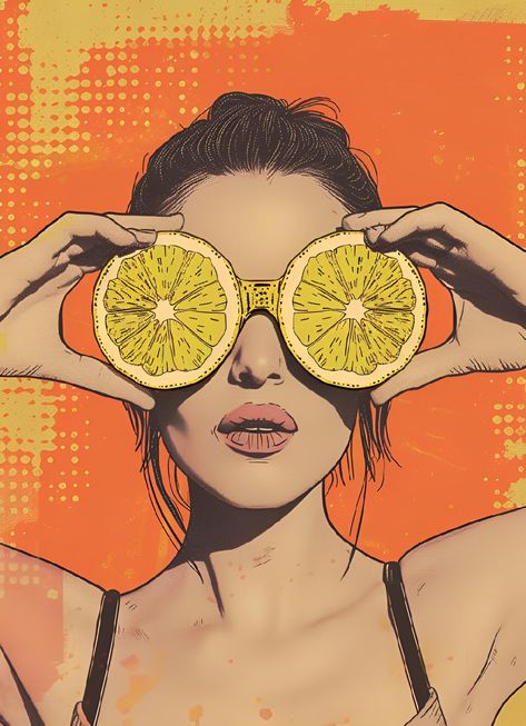 Save & follow PixelSynth for more vibrant art! This playful illustration captures the essence of fun with a person using orange slices as makeshift sunglasses. Rendered in a whimsical, contemporary style known for its bold colors and dynamic textures, this piece brings joy and energy to life. Originating from modern pop art, this style often incorporates elements of surrealism and abstract expressionism. The background's textured splashes create a lively atmosphere. #PopArt #ModernArt #CreativeIllustration #PixelSynthArt Pop Art Illustration Modern, Orange Pop Art, Playful Illustration, Pop Art Colors, Pop Art Images, Vibrant Illustration, Vintage Pop Art, Pop Art Illustration, Pop Art Portraits