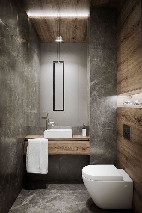 grey-marble-tiled-walls-floor-wooden-wall-shelves-floating-sink-cabinets-bathroom-ideas-for-small-bathrooms-large-mirror Design Interior Baie, Wc Decoration, Makeover Kamar Mandi, Design Interior Modern, Toilette Design, Bilik Air, Chalet Design, Toilet Sink, Decor Baie