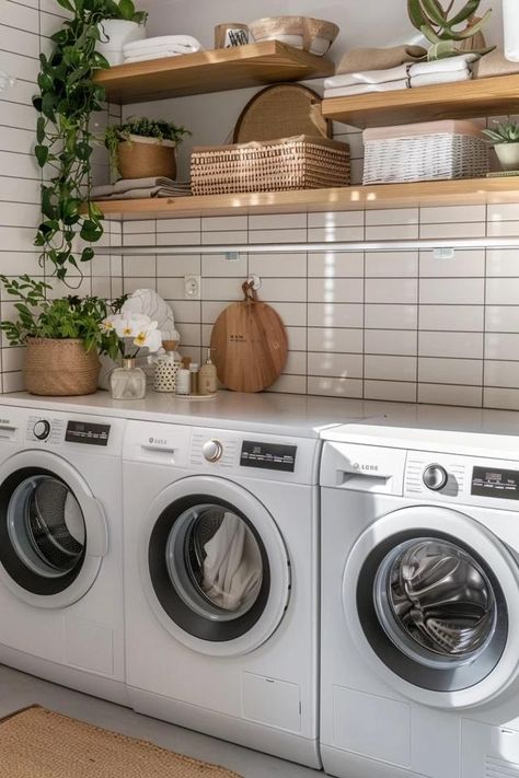 Efficient Kitchen Laundry Room Ideas to Inspire Earthy Laundry Room, Boho Laundry Room, Diy Laundry Room Cabinets, Boho Laundry, Diy Shower Door, Compact Laundry, Efficient Kitchen, Pantry Laundry, Space Saving Hacks