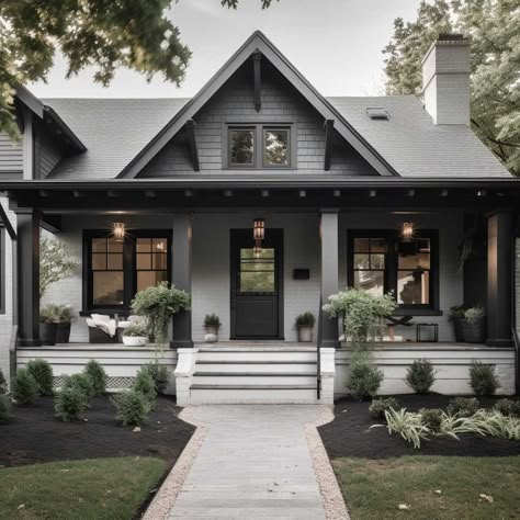 One Peak House Exterior, Grey And Black Farmhouse Exterior, Dark Siding Black Windows, Light Gray House With Black Windows, Dark Grey Homes, Charcoal Farmhouse Exterior, Grey Victorian House Exterior, Light Gray House With Black Trim, Grey Exterior Paint Colors For House