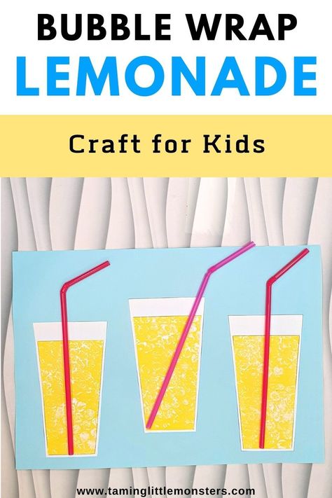 Bubble Wrap Lemonade Craft for Kids. A fun and easy summer craft for preschoolers and kindergarteners to make. #summer #artsandcrafts #preschool #kindergarten Lemonade Activity For Preschool, Preschool Lemonade Craft, Lemonade Crafts For Kids, Lemonade Crafts For Toddlers, Summer Season Activities For Preschool, Lemonade Crafts Preschool, Yellow Crafts Preschool, Lemonade Craft, Project For Preschoolers